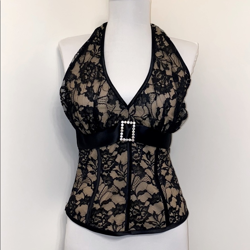 Cache Black Lace Halter Top W/Crystals Buckle